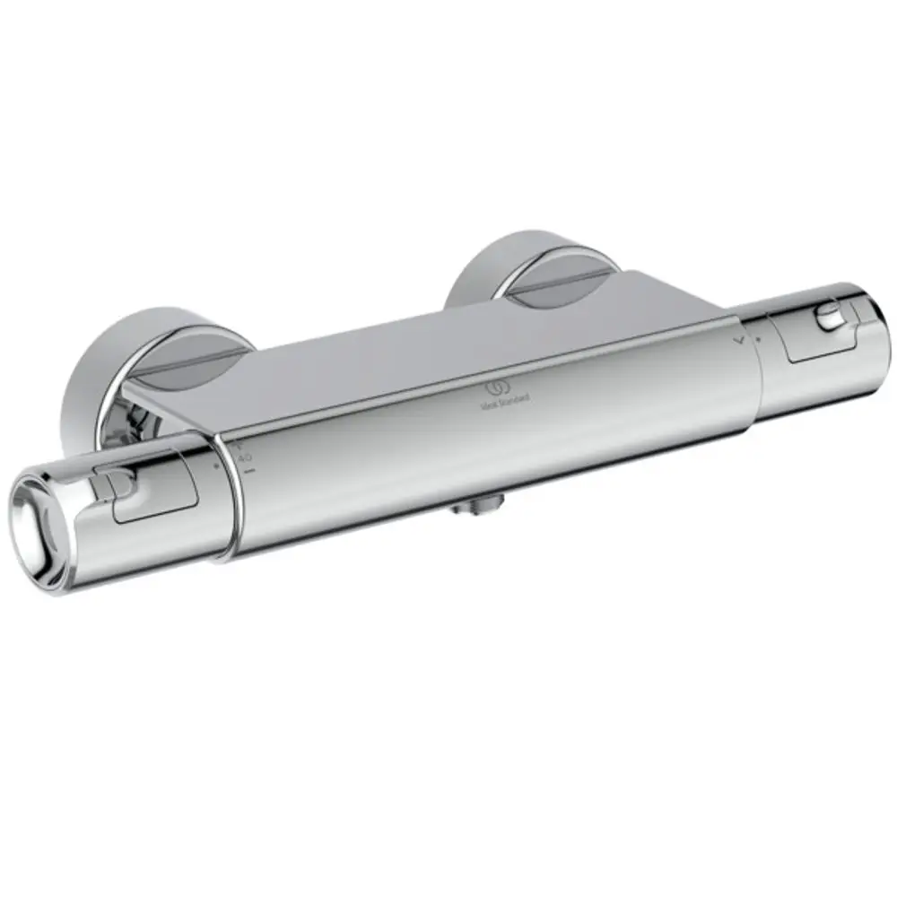 Brausethermostat in Chrom von Ideal Standard, mit zwei regulierbaren Griffen und einem kompakten Design, geeignet für die Montage in Badezimmern.